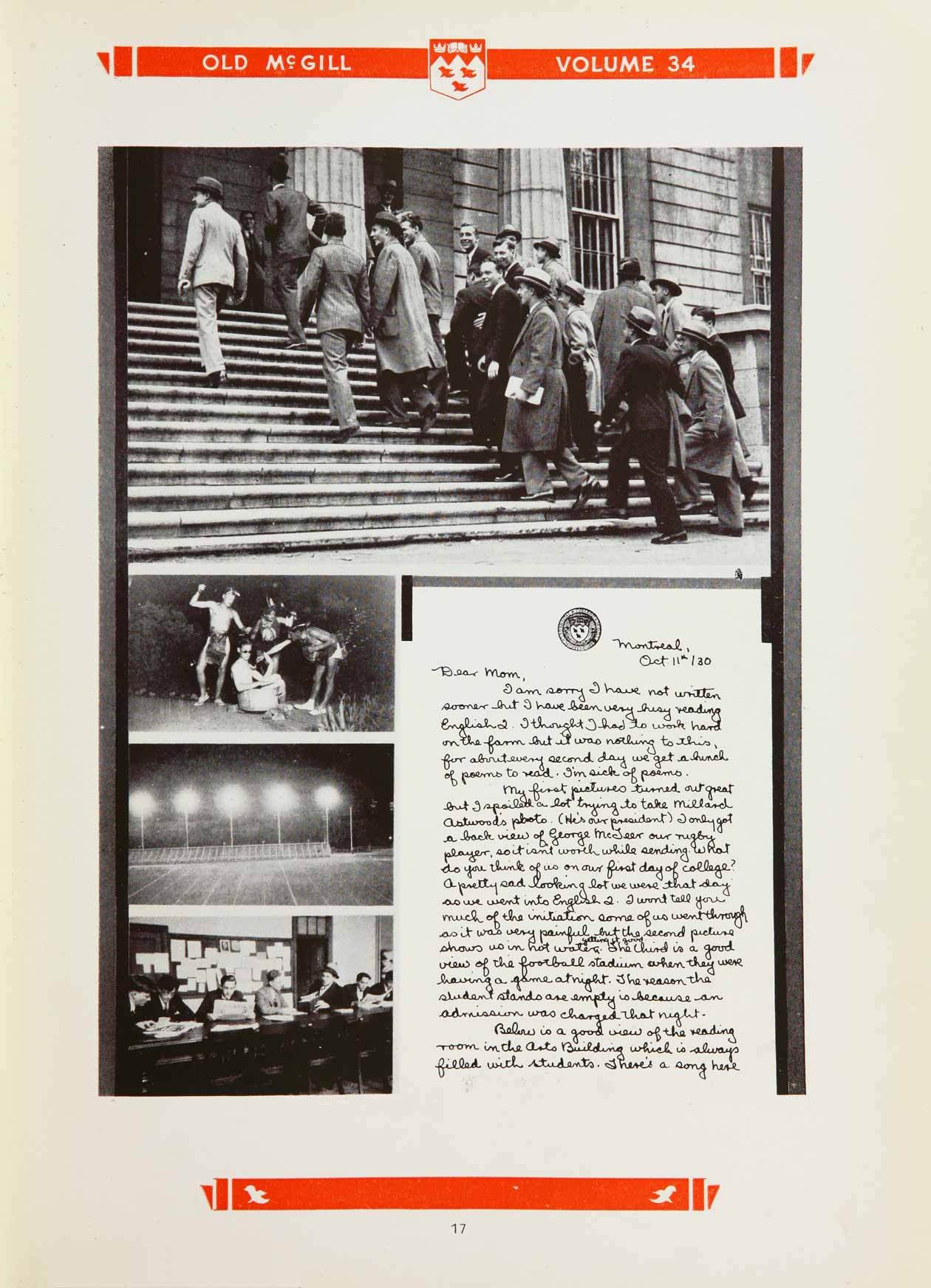 Letter from Orvil (student) to folks back home. Correspondence featured in Old McGill Yearbook 1931.